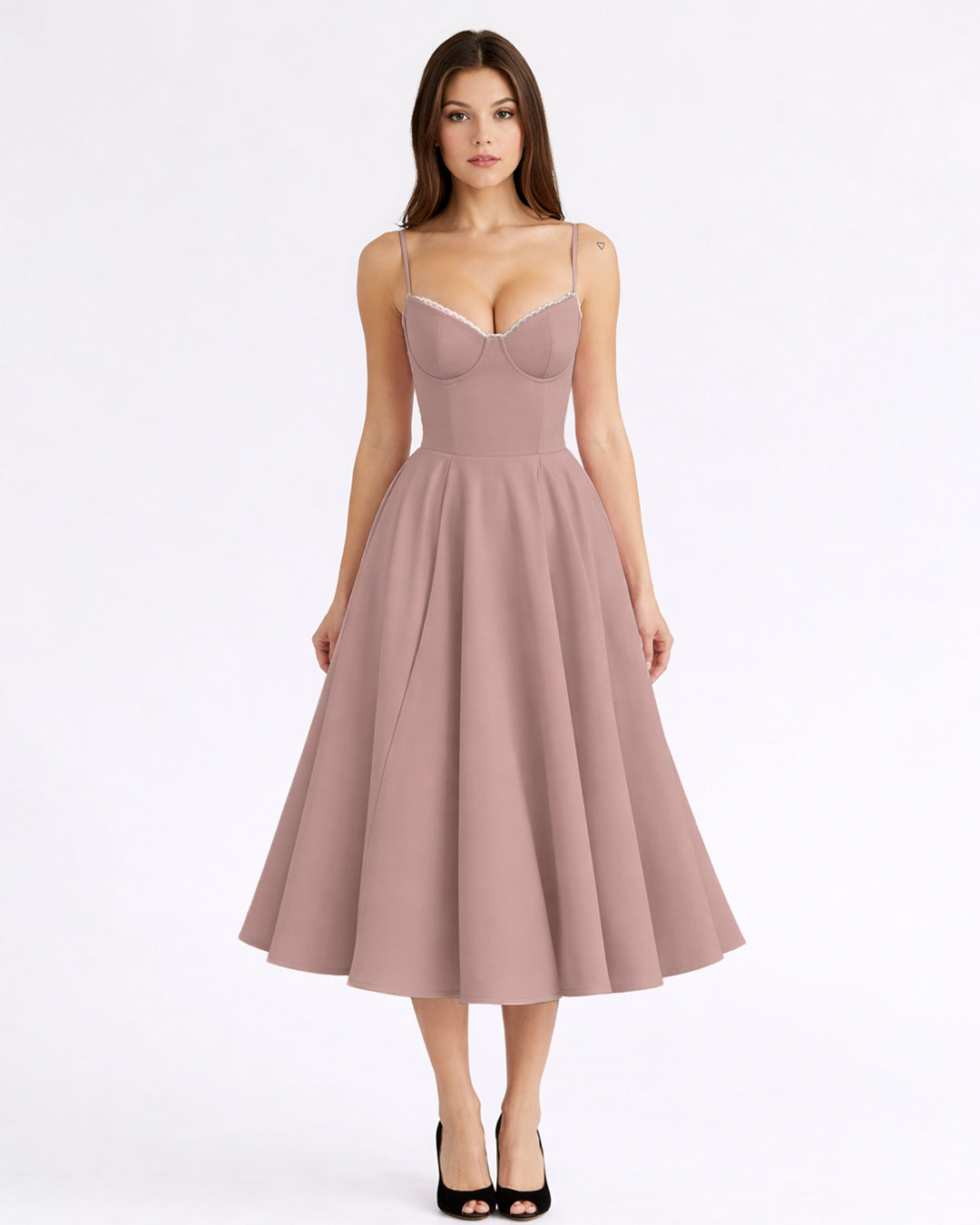 Sweetheart Neck Tulle Midi Dress in Pink