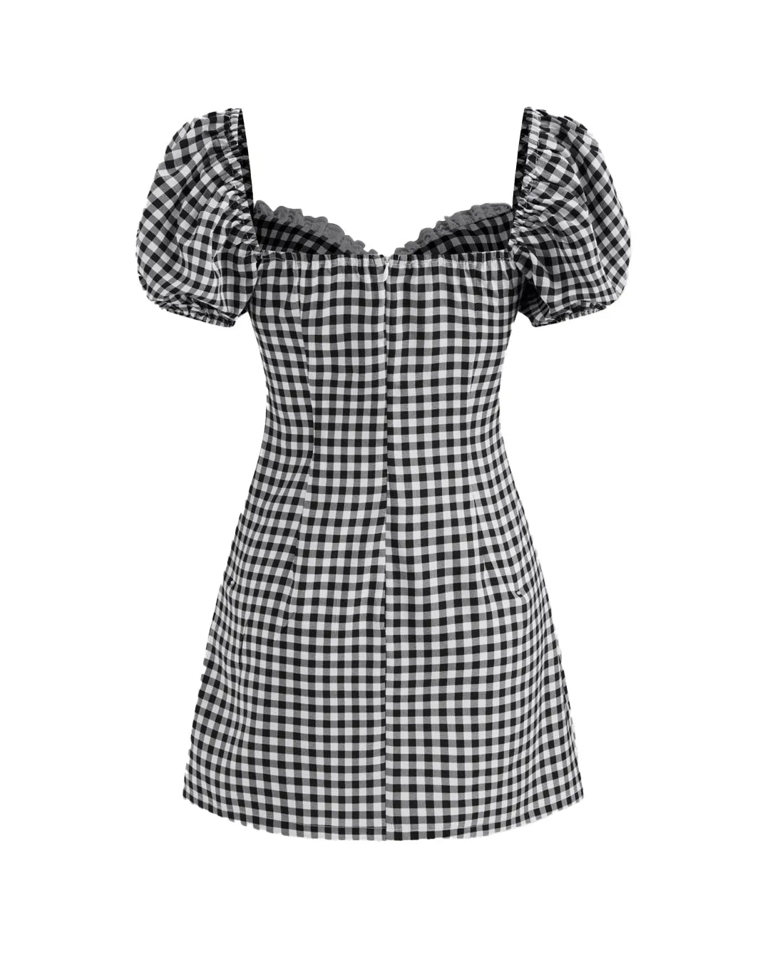 Sweetheart Neckline Gingham Lace Knotted Puff Sleeve Mini Dress