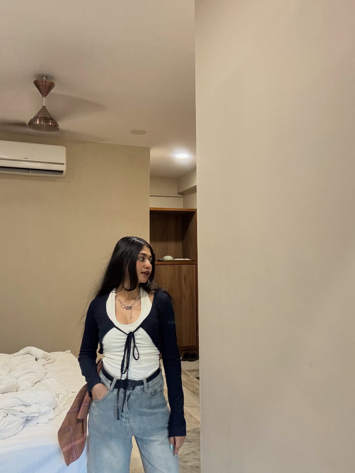 Halter Neck Straight Hem Full Sleeve 2-In-1 Crop Top in Navy Blue