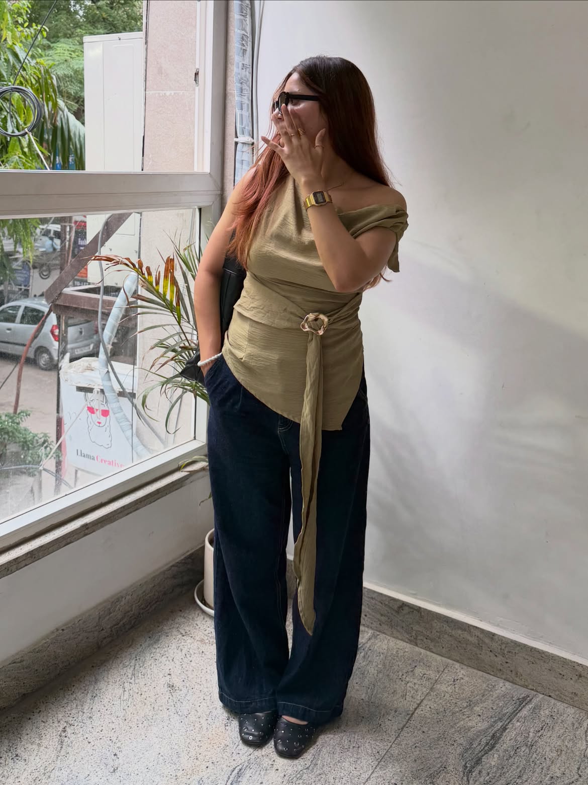 Asymmetrical Neck Top with Metal Detail in Green