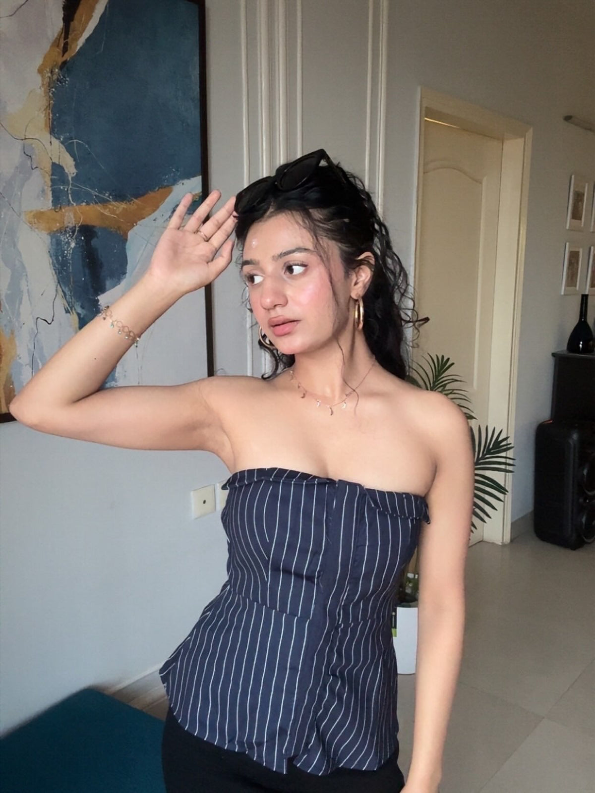 Striped Bandeau Strapless Top in Navy Blue