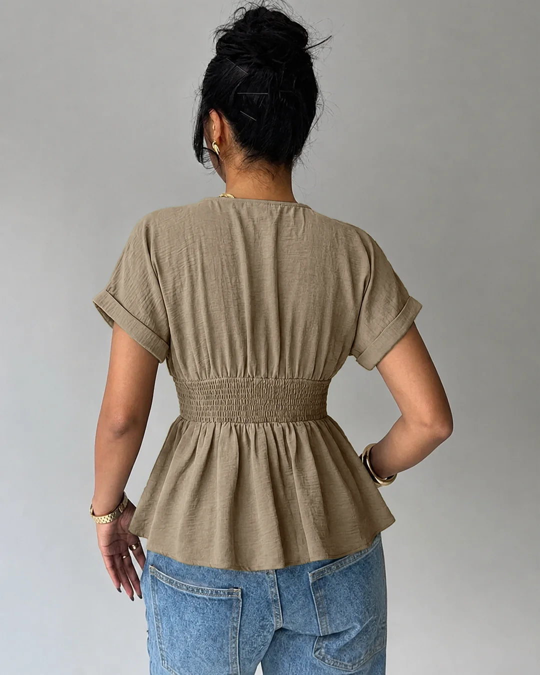 V-Neck Short Sleeve Peplum Top in Brown