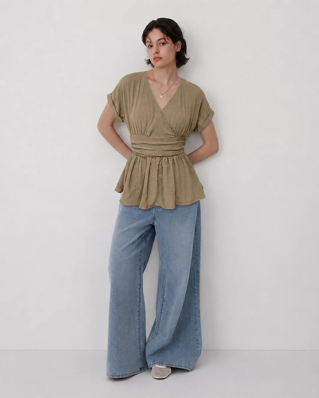 V-Neck Short Sleeve Peplum Top in Brown
