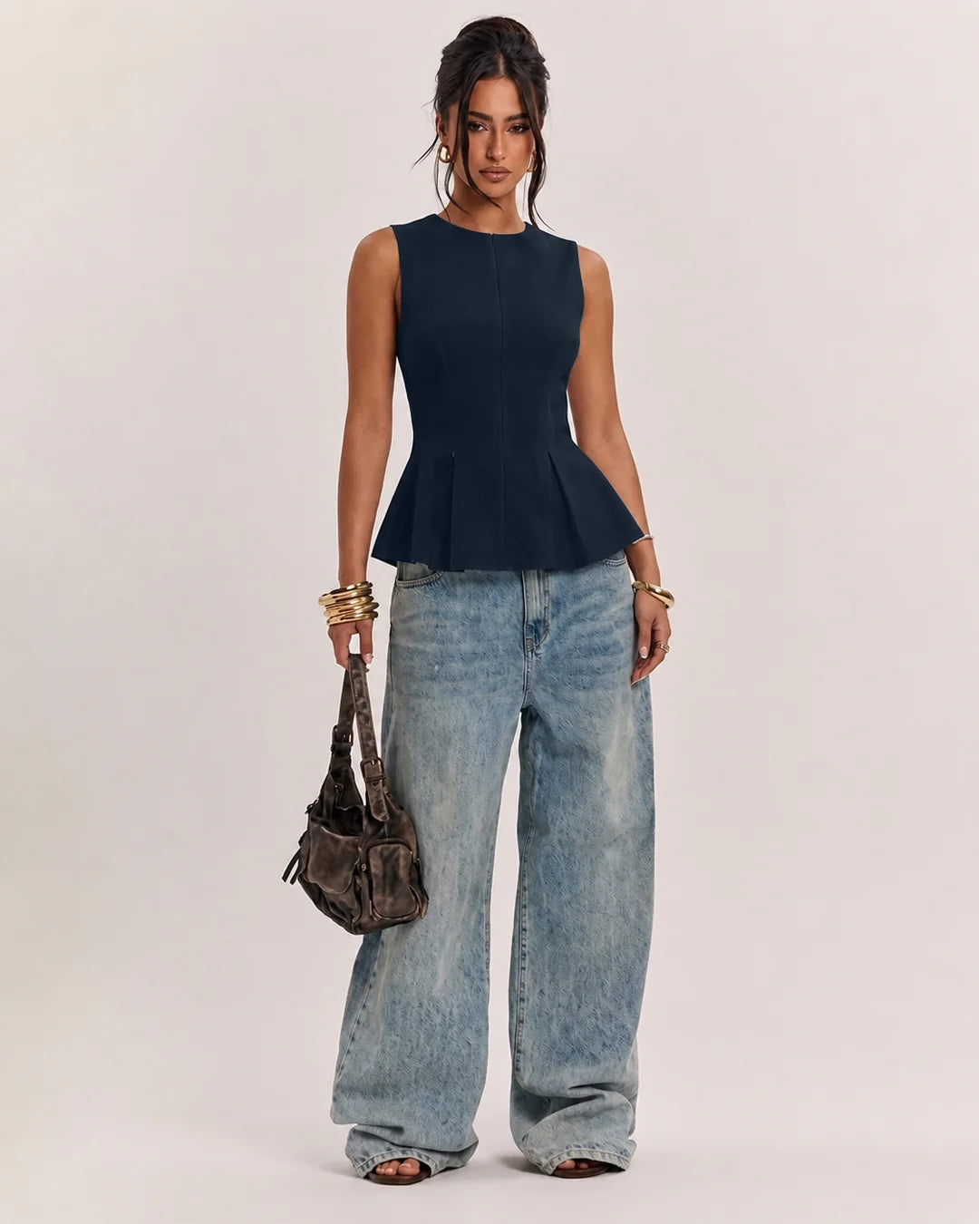 Front Zipper Round Neck Sleeveless Peplum Top in Dark Navy Blue