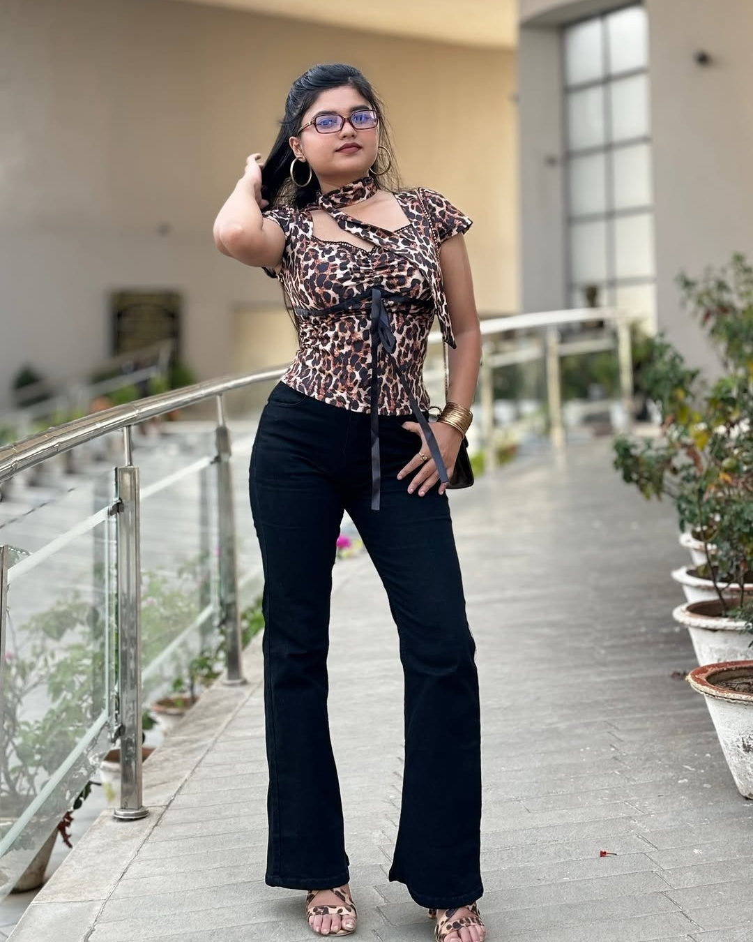 Leopard Print Sweetheart Neck Top with Scarf