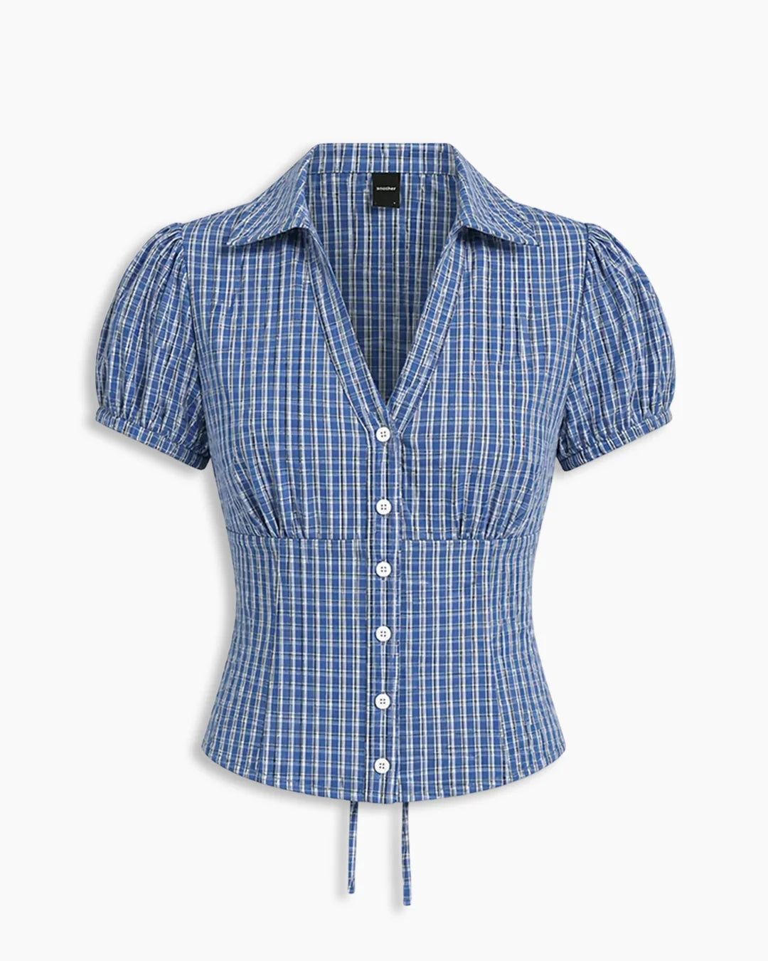 Checked Collared Button Short Sleeve Top