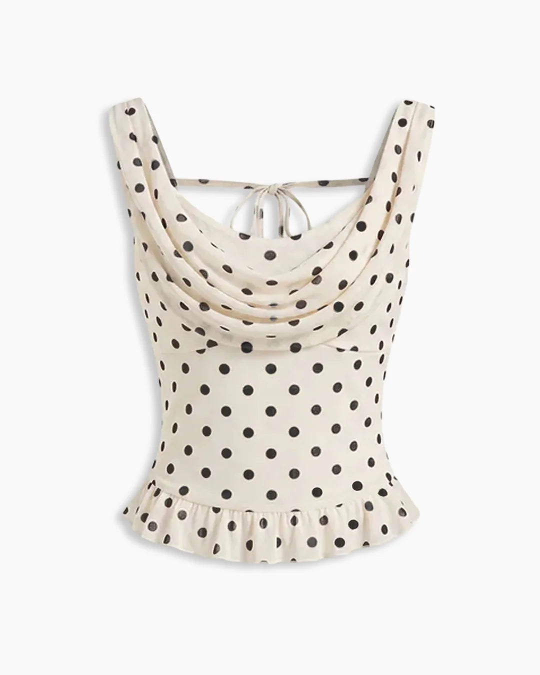 Polka Dot Cowl Neck Ruffle Hem Sleeveless Top