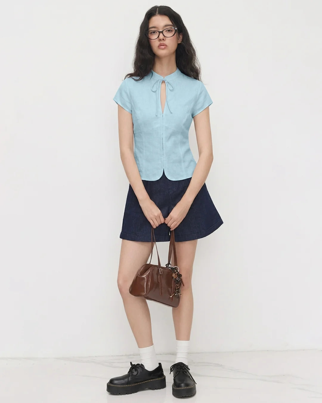 Casual Tie Neck Short Sleeve Fitted Top in Powder Blue