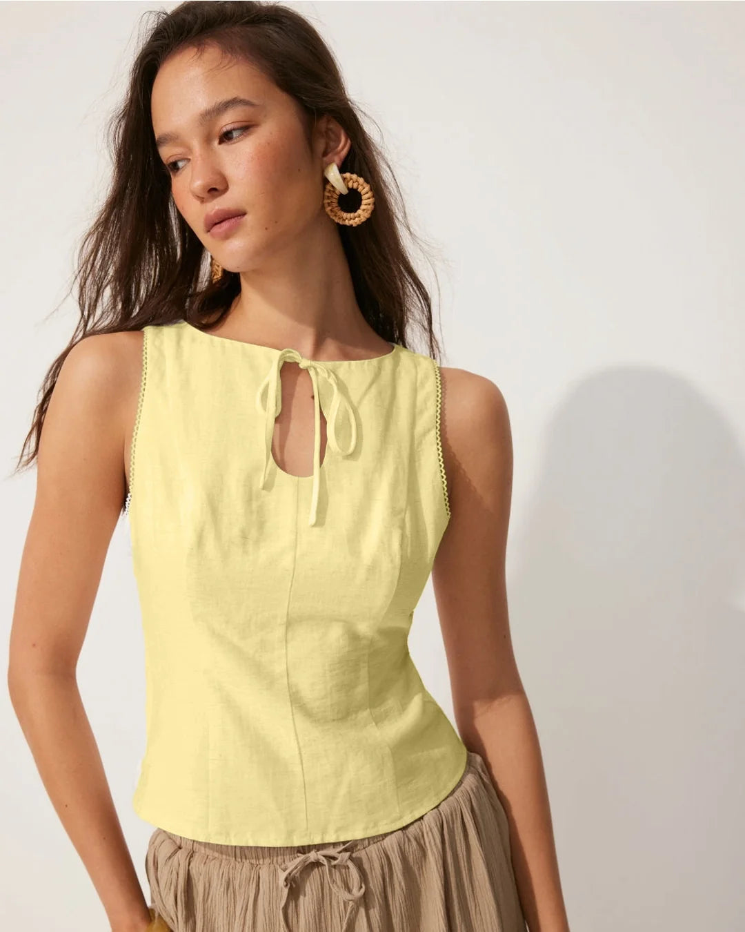 Boat Neck Tie-Up Detail Tailored Fit Top in Pastel Yellow