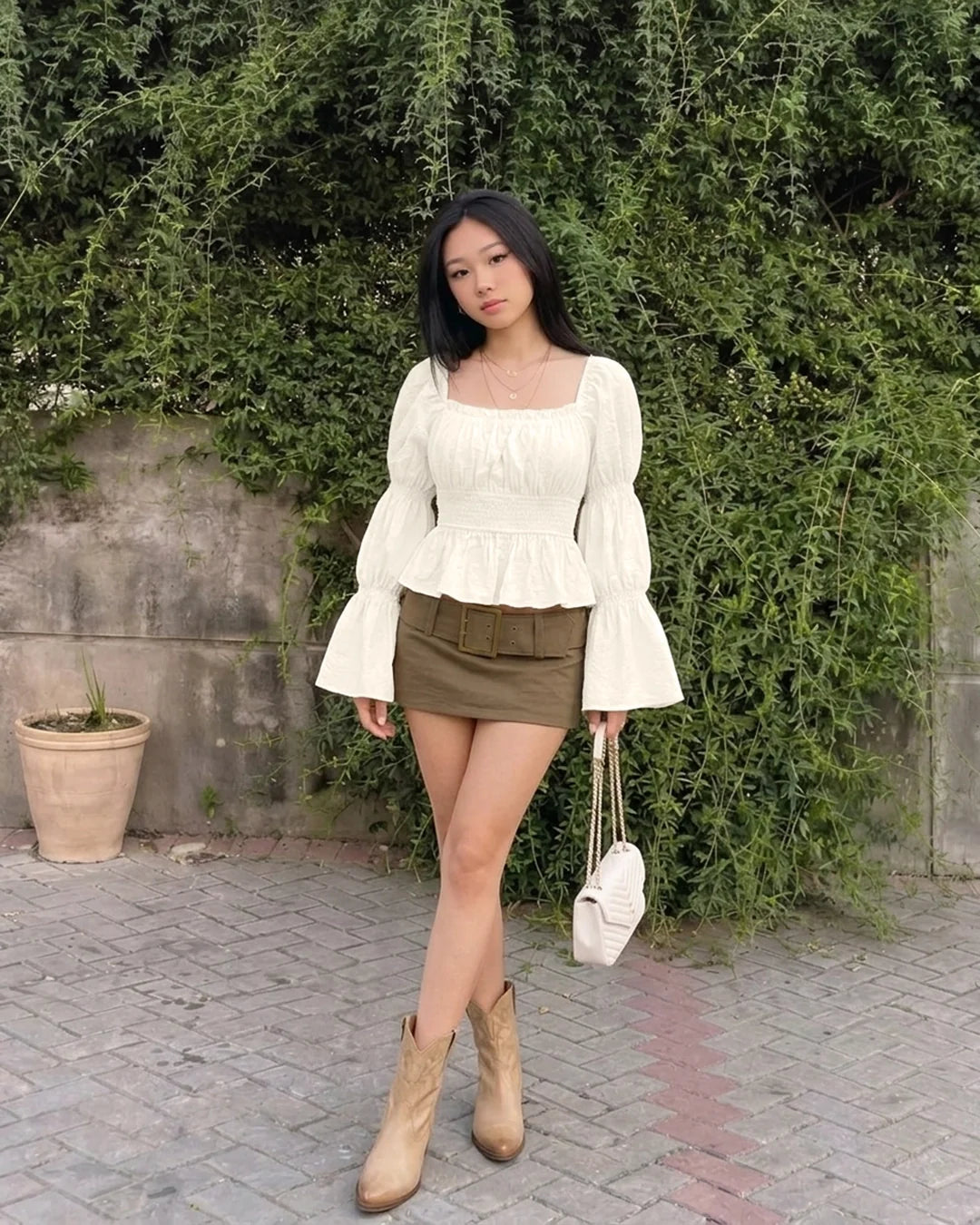 Solid Square Neck Flared Sleeve Crop Top in Classic White