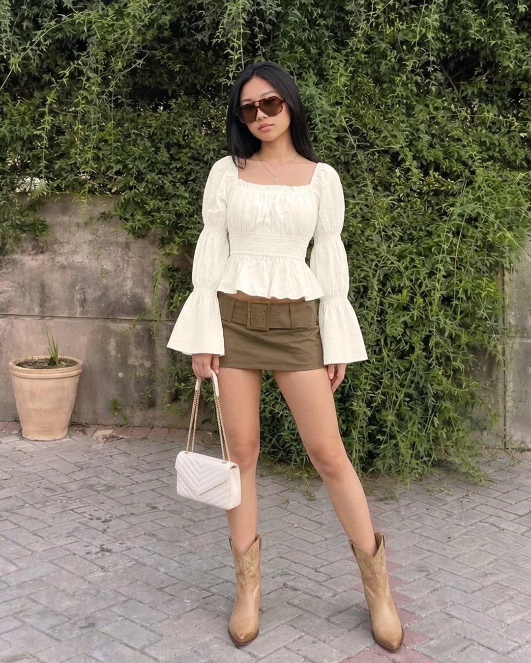 Solid Square Neck Flared Sleeve Crop Top in Classic White