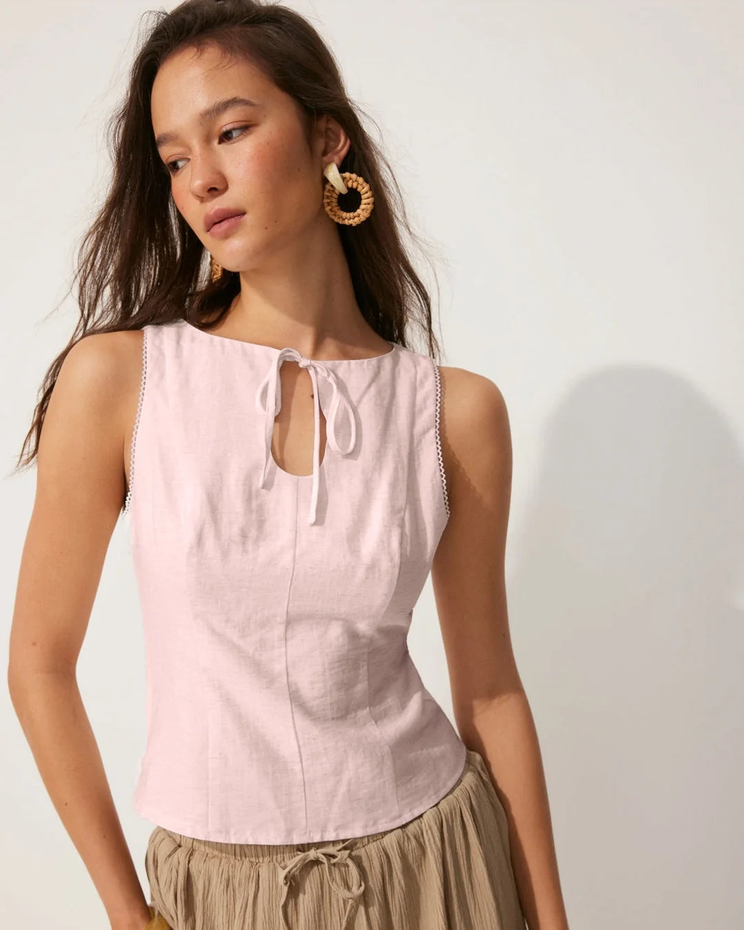 Boat Neck Tie-Up Detail Tailored Fit Top in Baby Pink