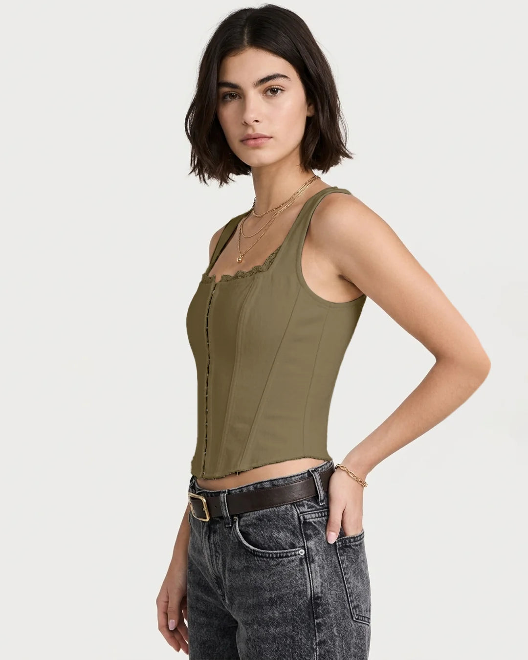 Structured Lace Trim Corset Top In Olive Green