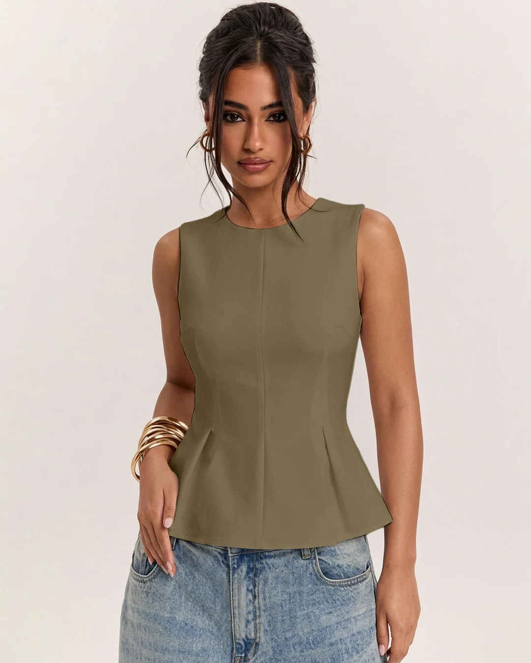 Front Zipper Round Neck Sleeveless Peplum Top in Olive Green