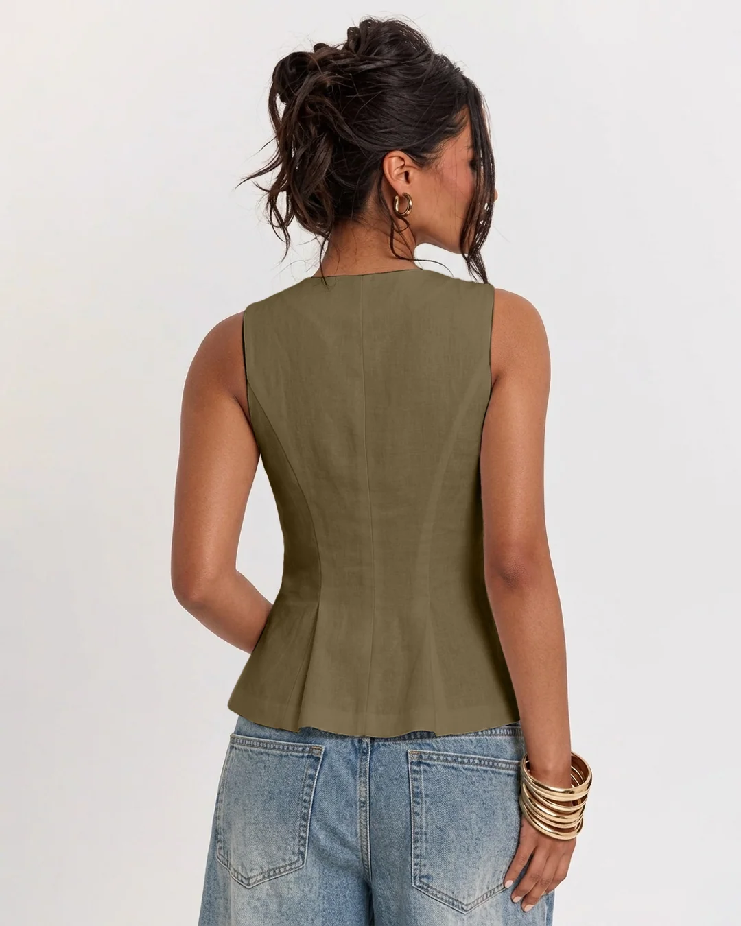 Front Zipper Round Neck Sleeveless Peplum Top in Olive Green