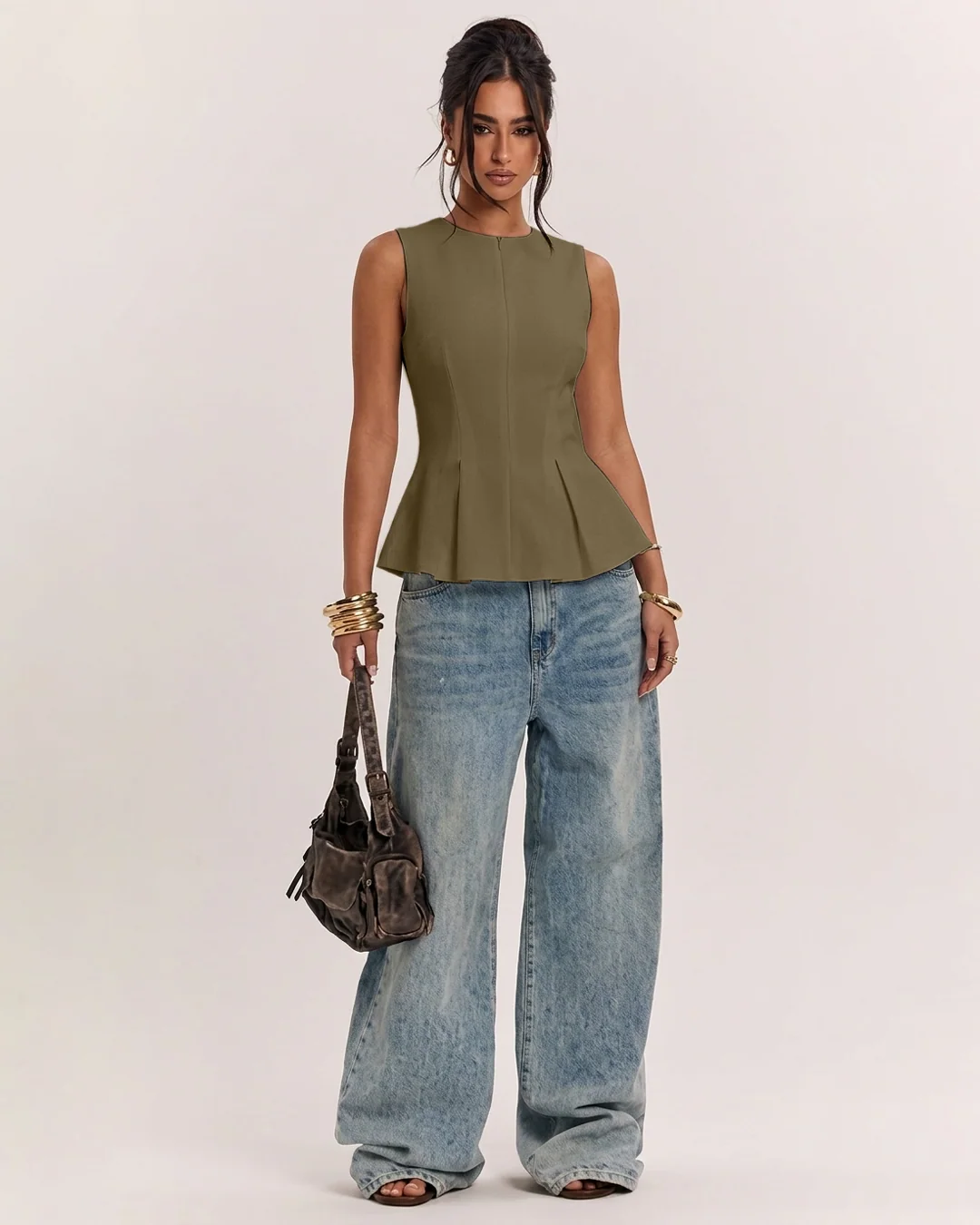 Front Zipper Round Neck Sleeveless Peplum Top in Olive Green