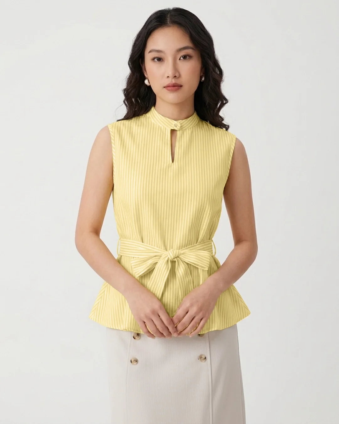 Pinstripe Belted Sleeveless Peplum Top in Vanilla