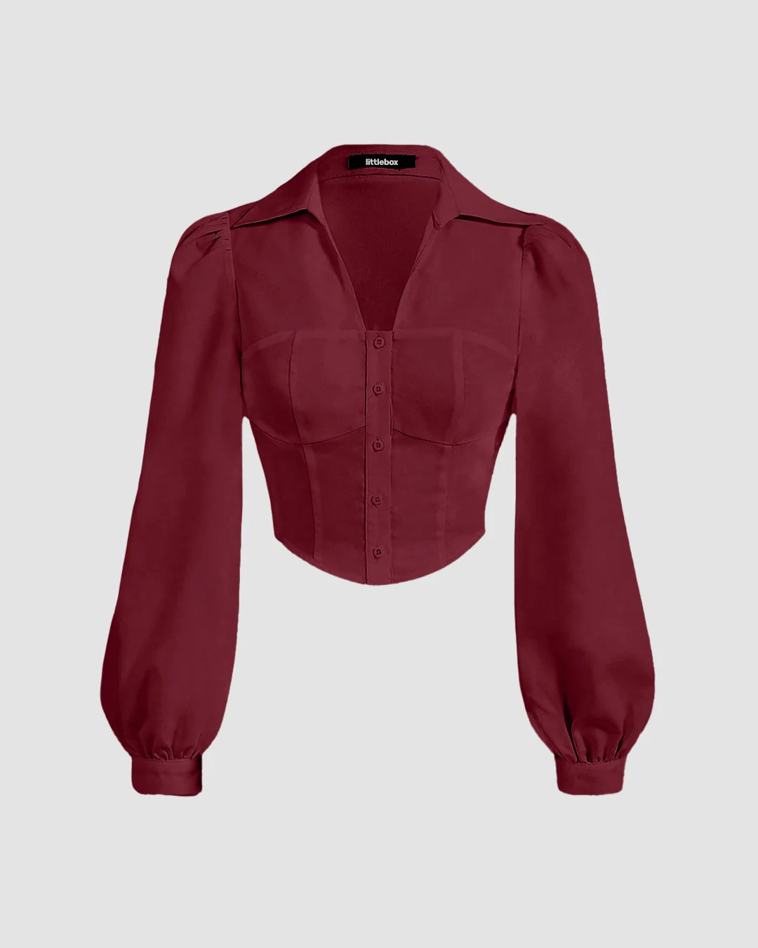 Puff Sleeve Collared Button Down Shirt in Cherry Maroon