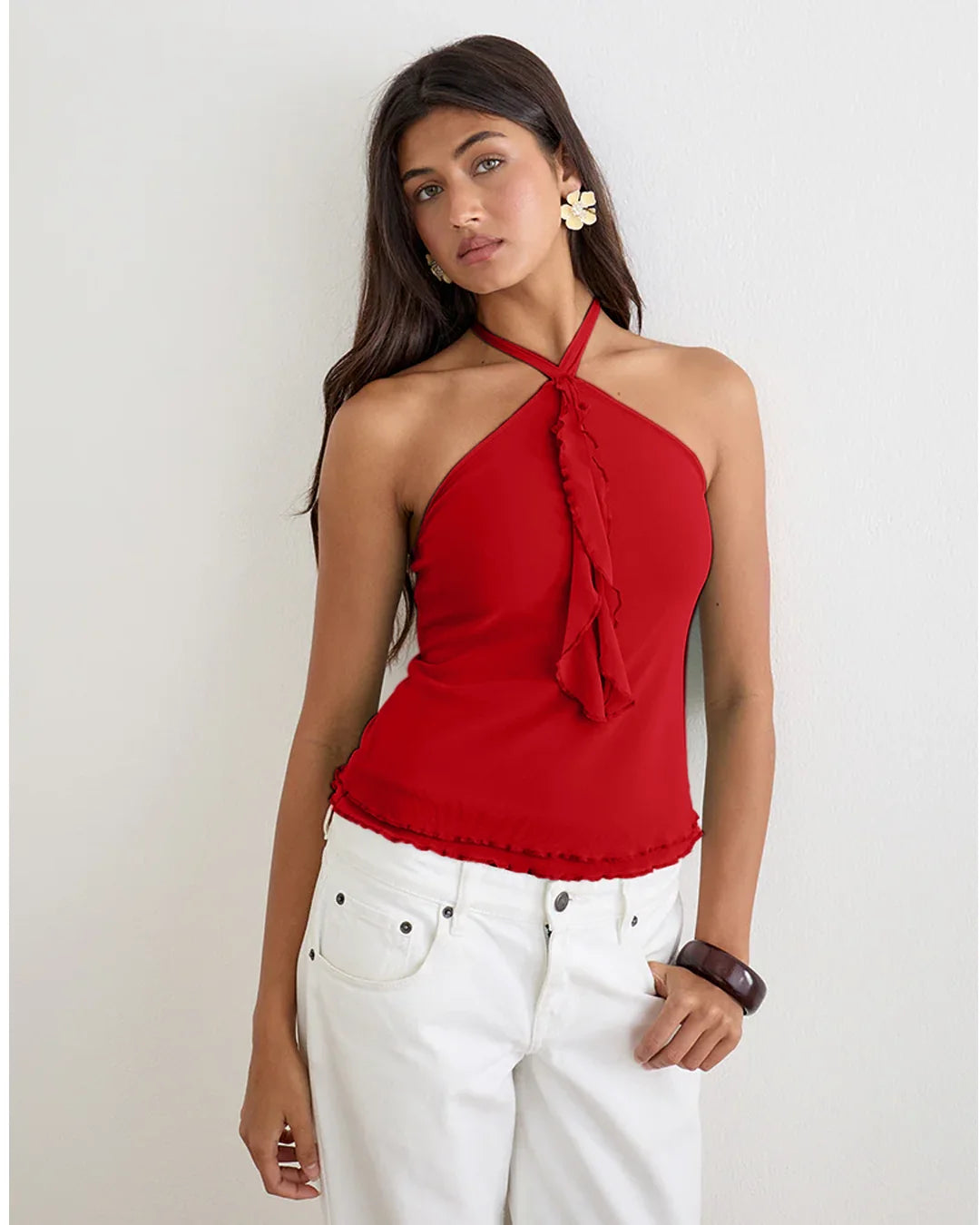 Halter Neck Ruffle Front Sleeveless Top in Red