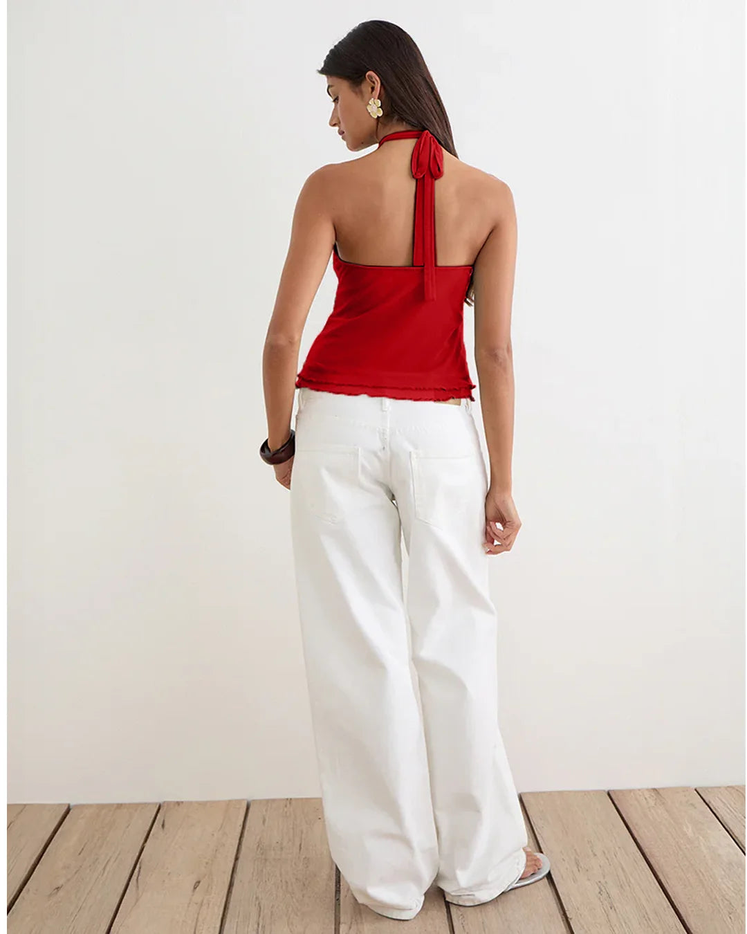 Halter Neck Ruffle Front Sleeveless Top in Red