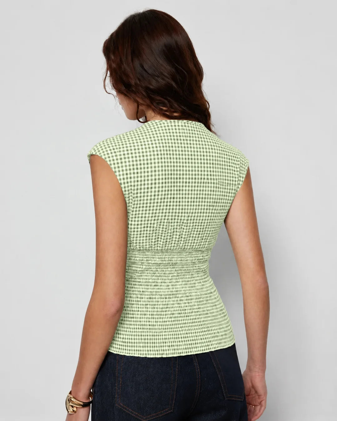 Checkered Smocked Waist V Neck Sleeveless Top