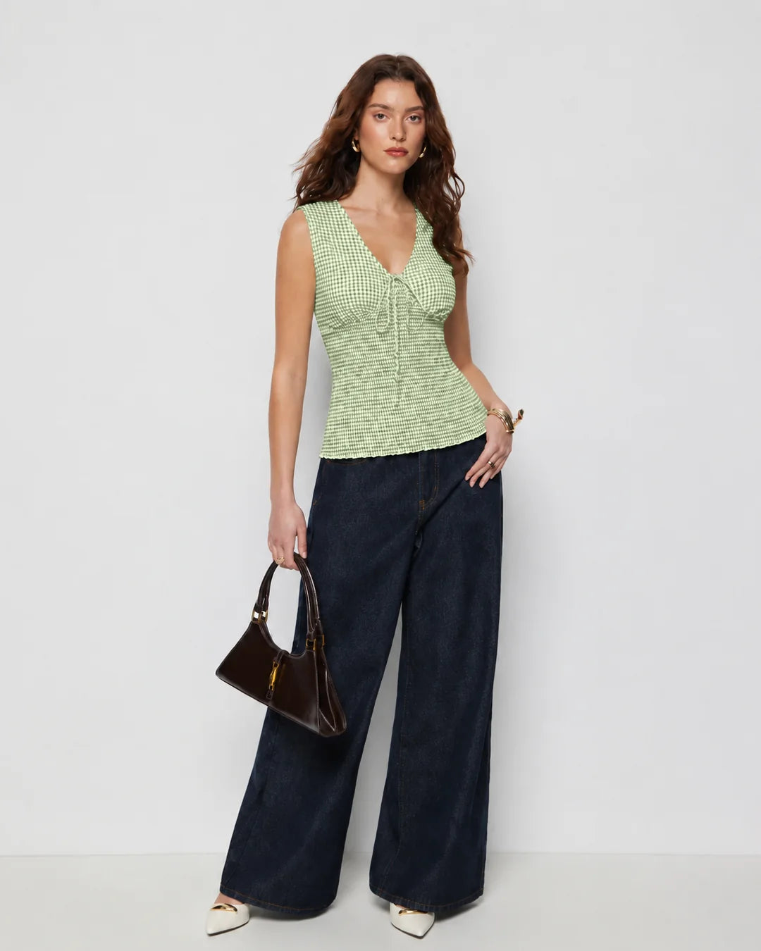 Checkered Smocked Waist V Neck Sleeveless Top