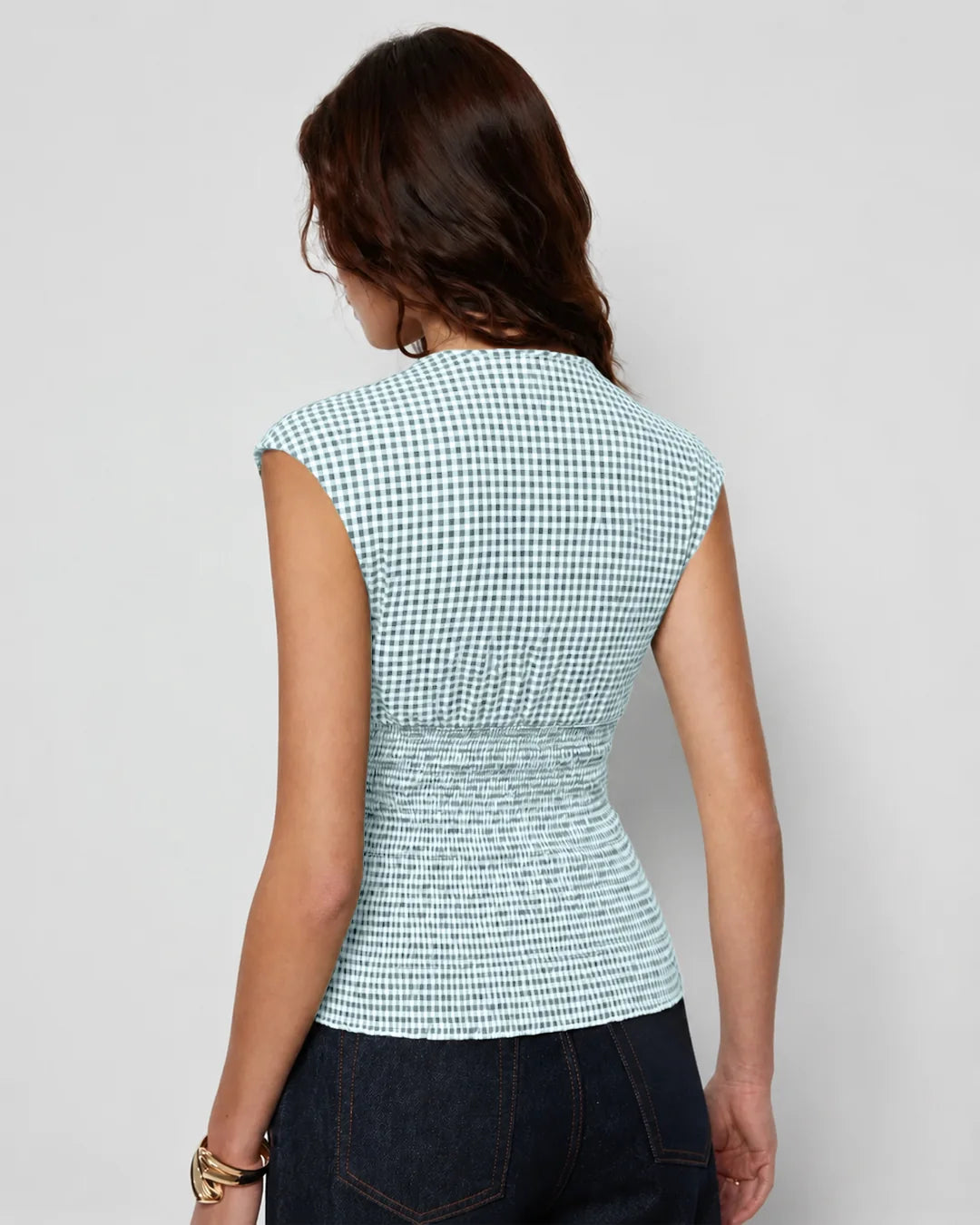 Checkered Smocked Waist V Neck Sleeveless Top in Blue