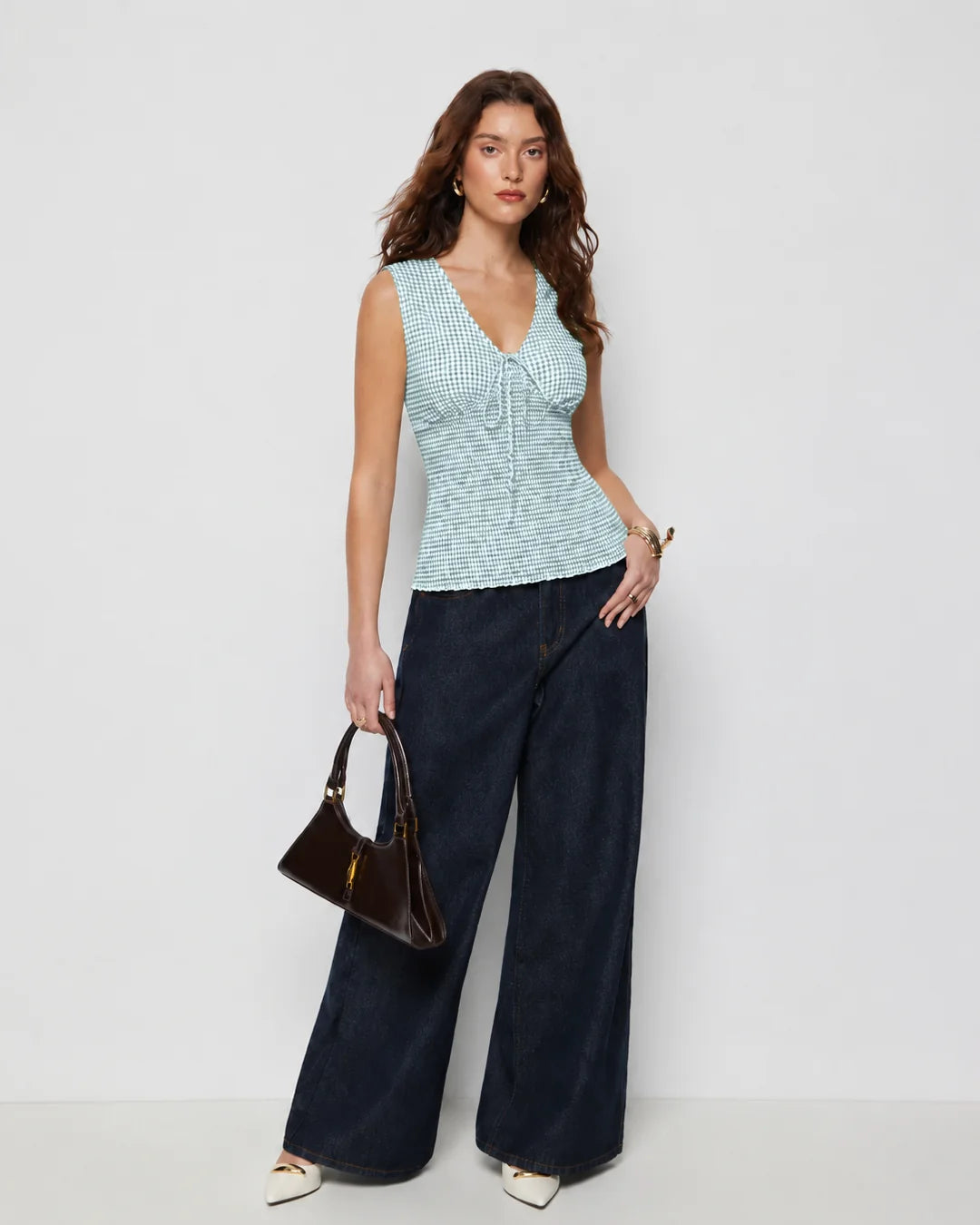 Checkered Smocked Waist V Neck Sleeveless Top in Blue