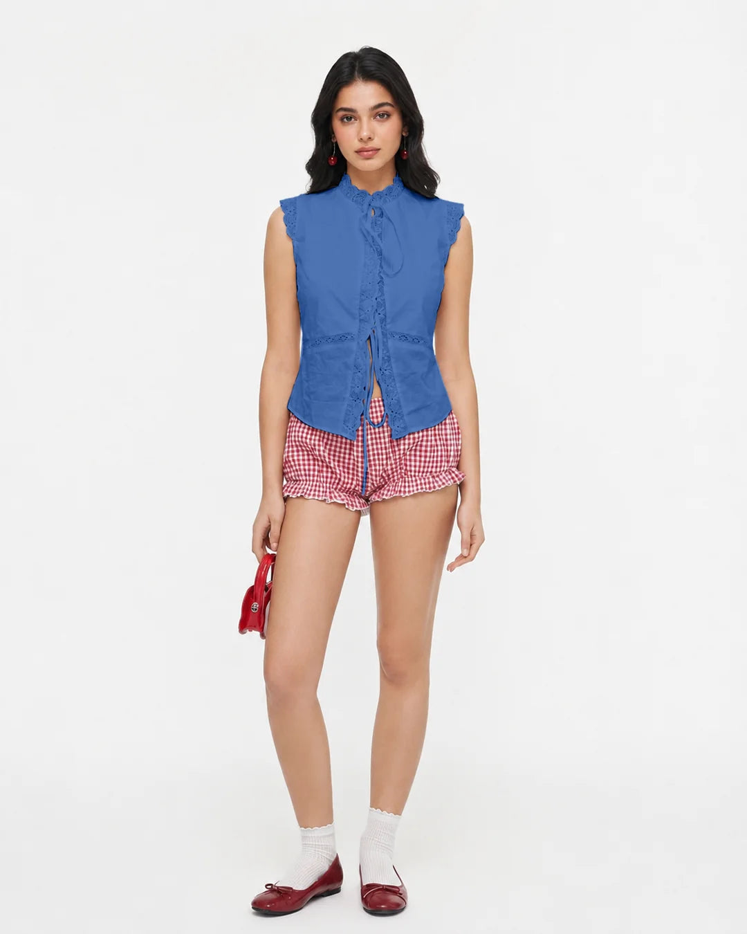Mock Neck Sleeveless Eyelet Lace Trim Top in Sapphire Navy Blue