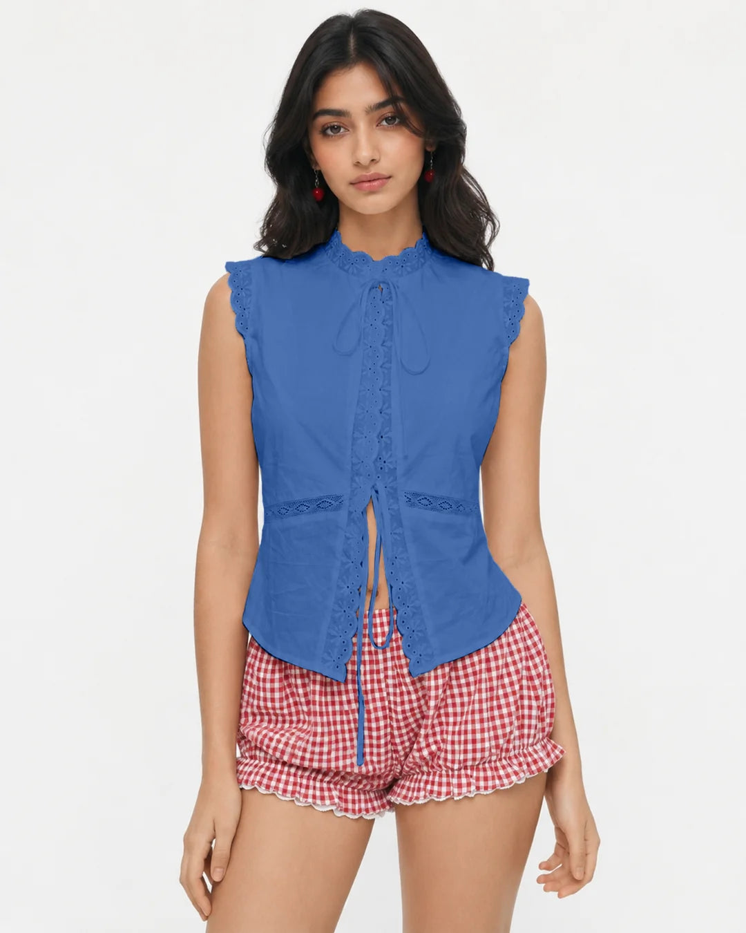 Mock Neck Sleeveless Eyelet Lace Trim Top in Sapphire Navy Blue