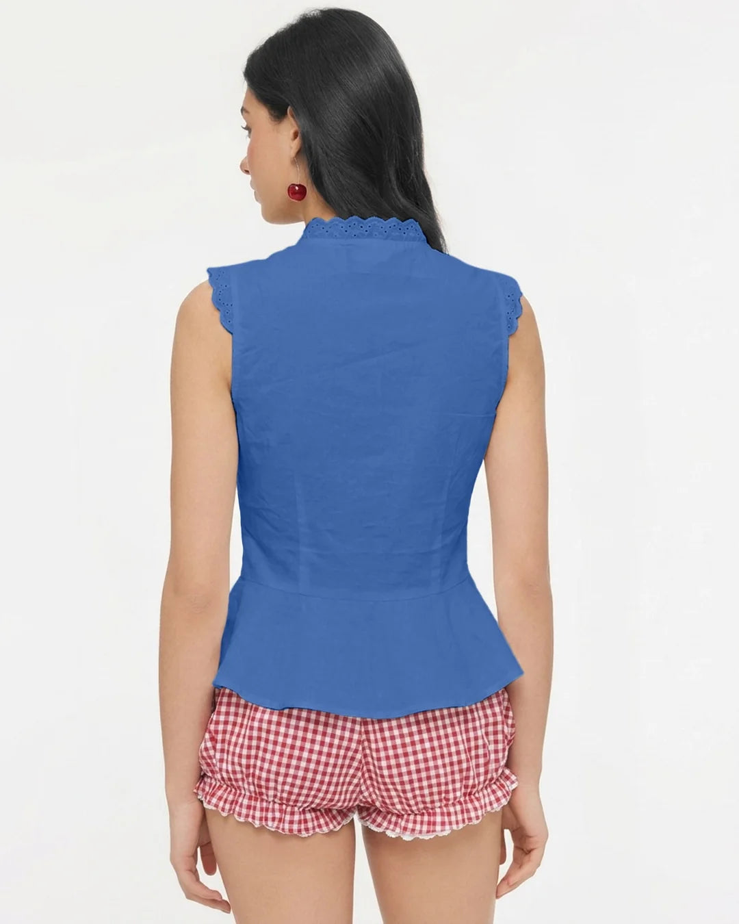 Mock Neck Sleeveless Eyelet Lace Trim Top in Sapphire Navy Blue