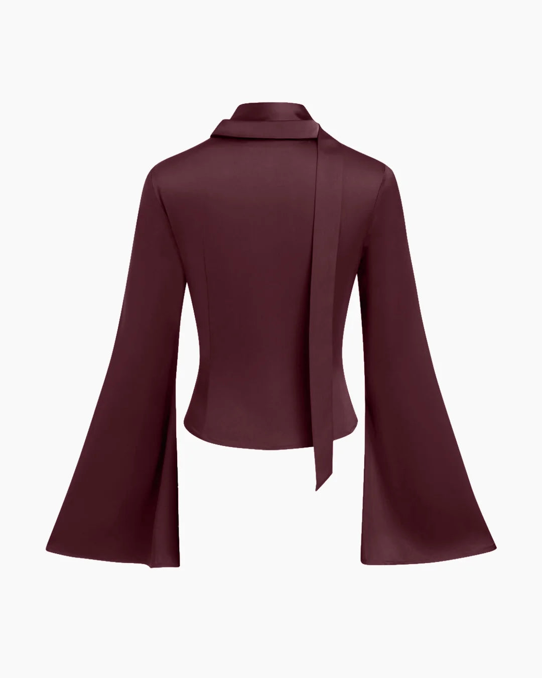 Satin Polo Ruched Button Front Flared Sleeve Top in Burgundy