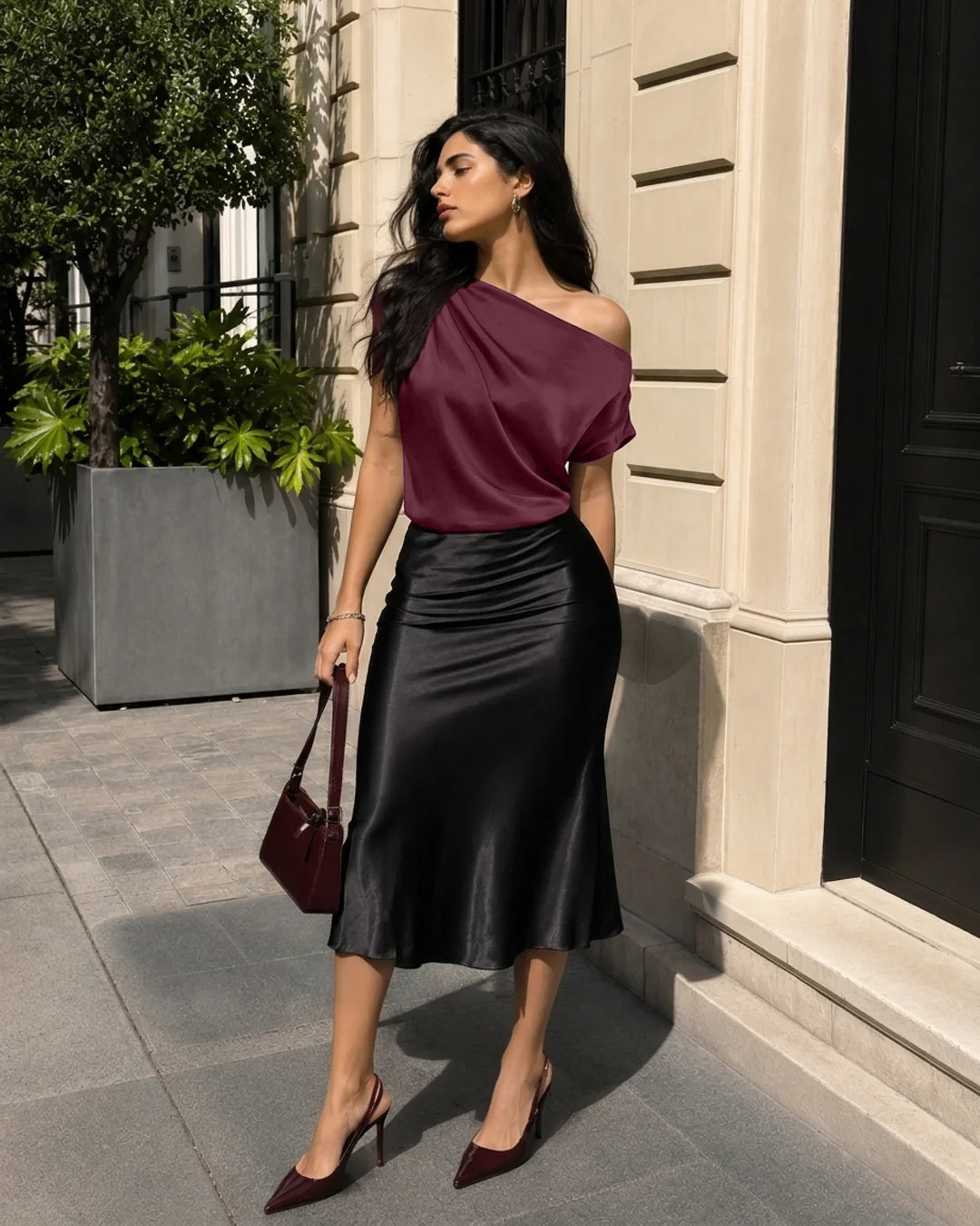 One Shoulder Draped Satin Top in Wine Maroon