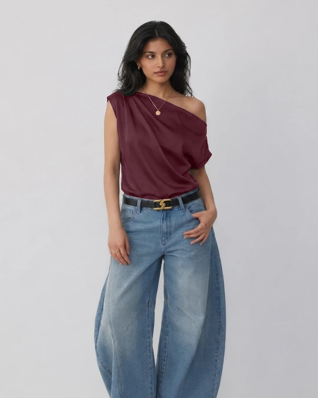 One Shoulder Draped Satin Top in Wine Maroon