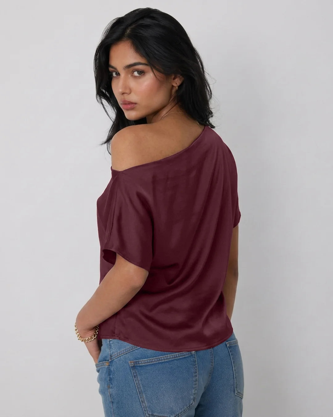 One Shoulder Draped Satin Top in Wine Maroon