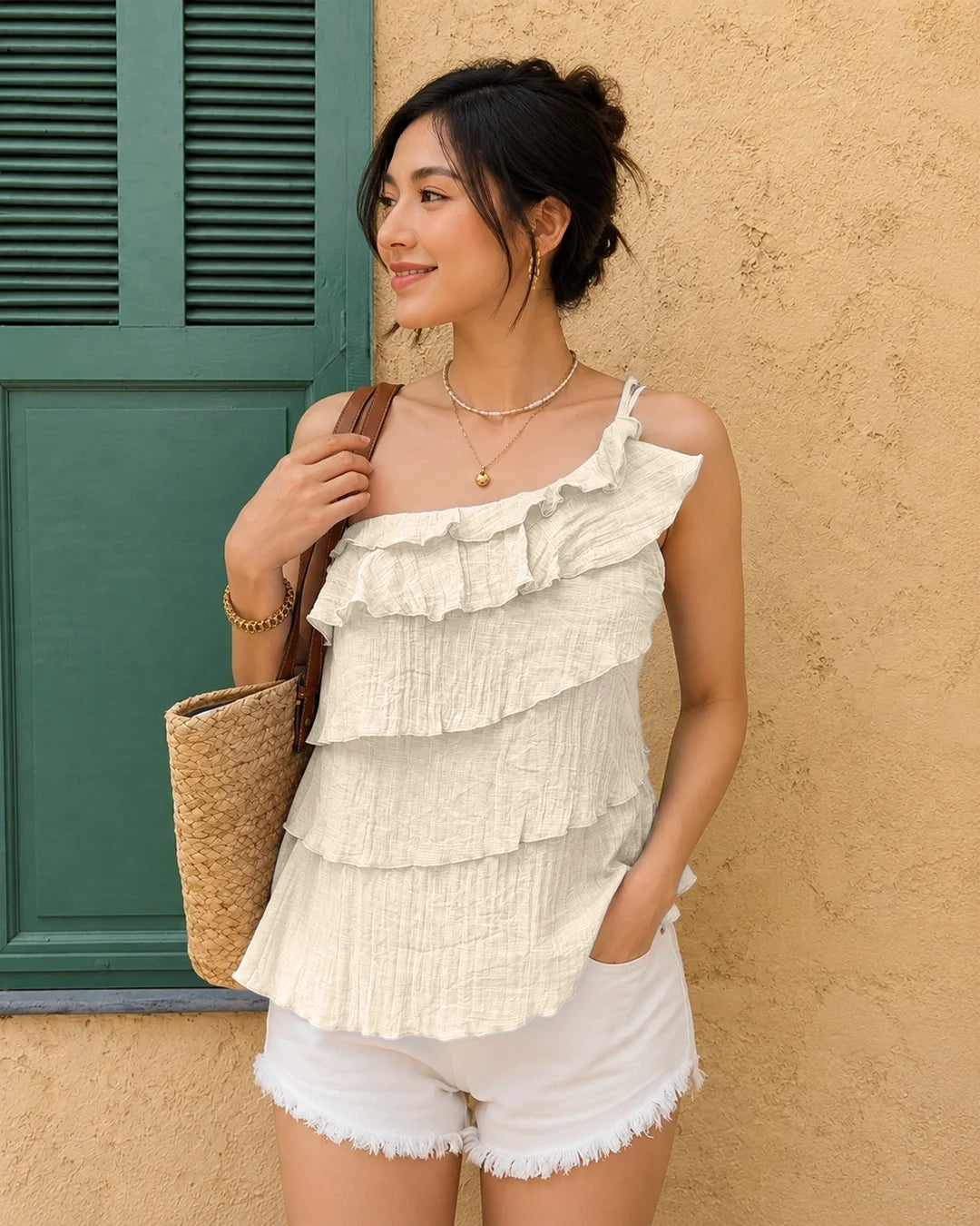 One Shoulder Tiered Ruffle Top in Cream