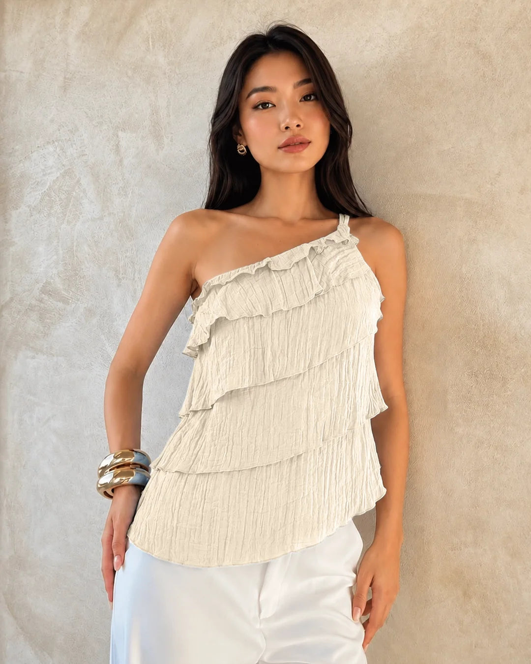 One Shoulder Tiered Ruffle Top in Cream
