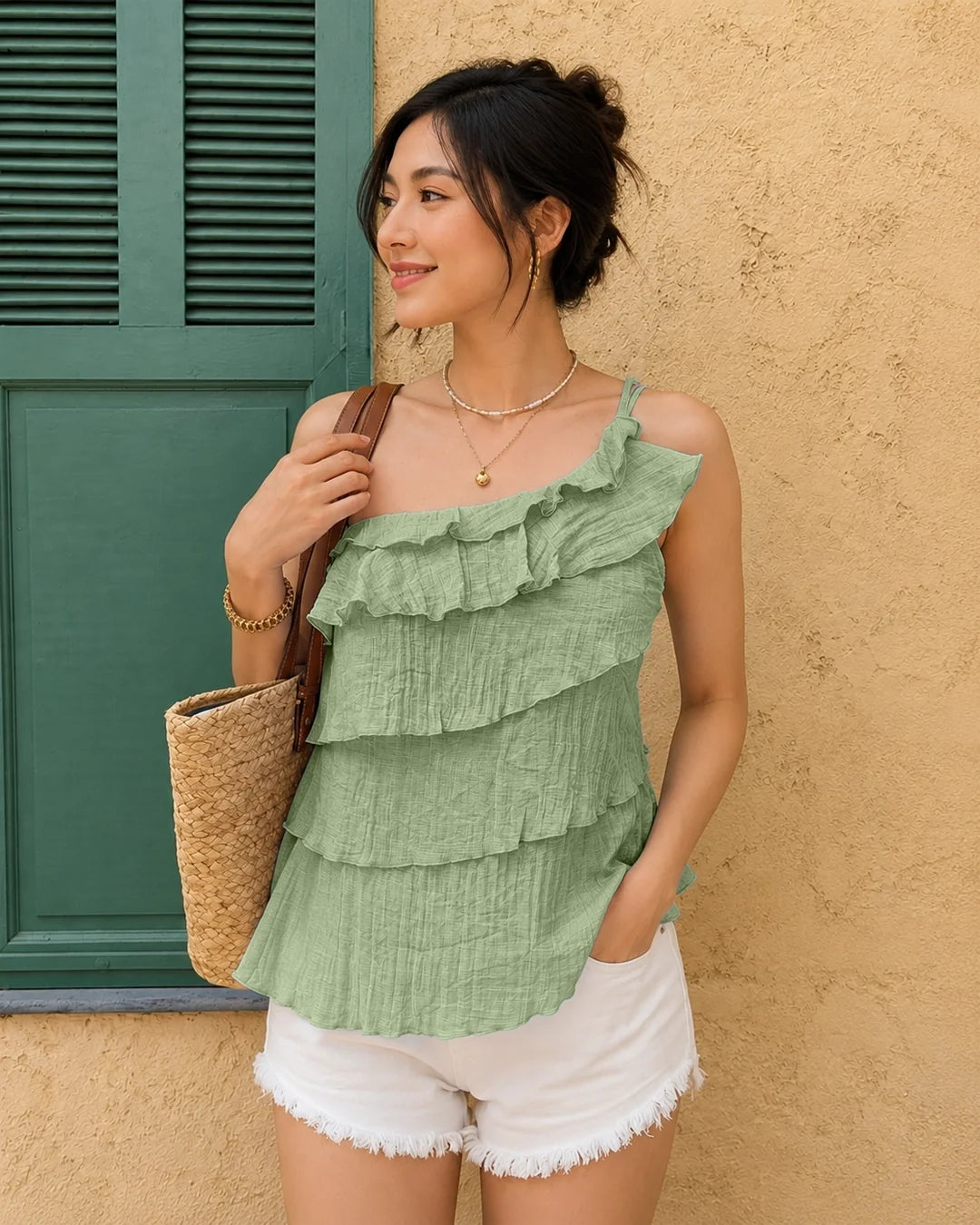 One Shoulder Tiered Ruffle Top in Herbal Green