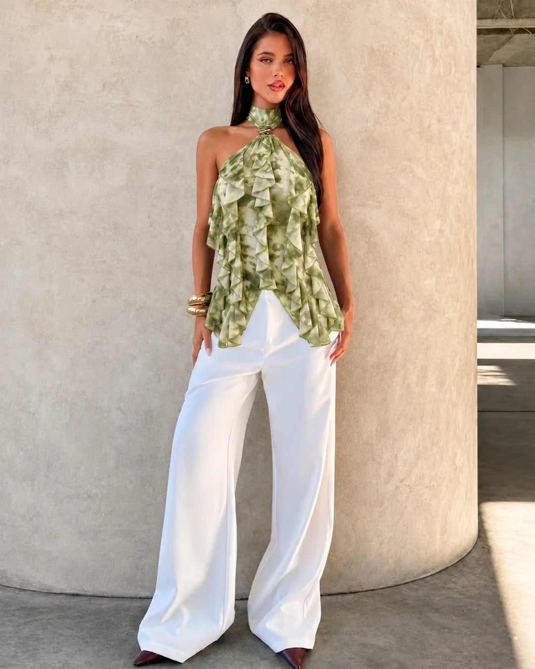Halter Neck Asymmetric Ruffle Hem Top in Olive Green