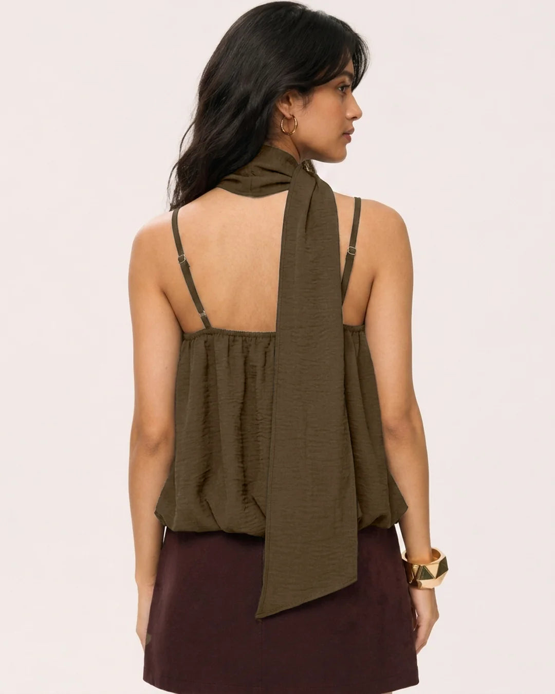 Ruched Bubble Hem Cami Top in Cocoa Brown