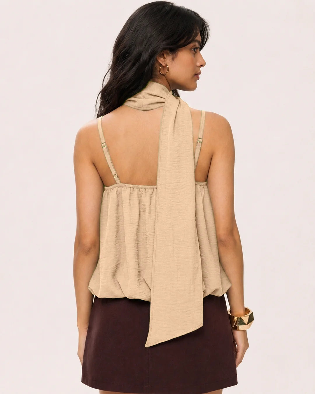 Ruched Bubble Hem Cami Top in Nude Beige