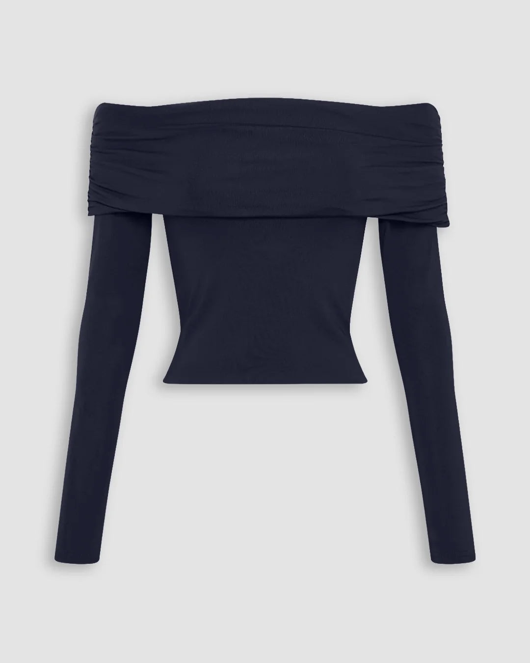 Off Shoulder Ruched Long Sleeve Fitted Top in Dark Navy Blue