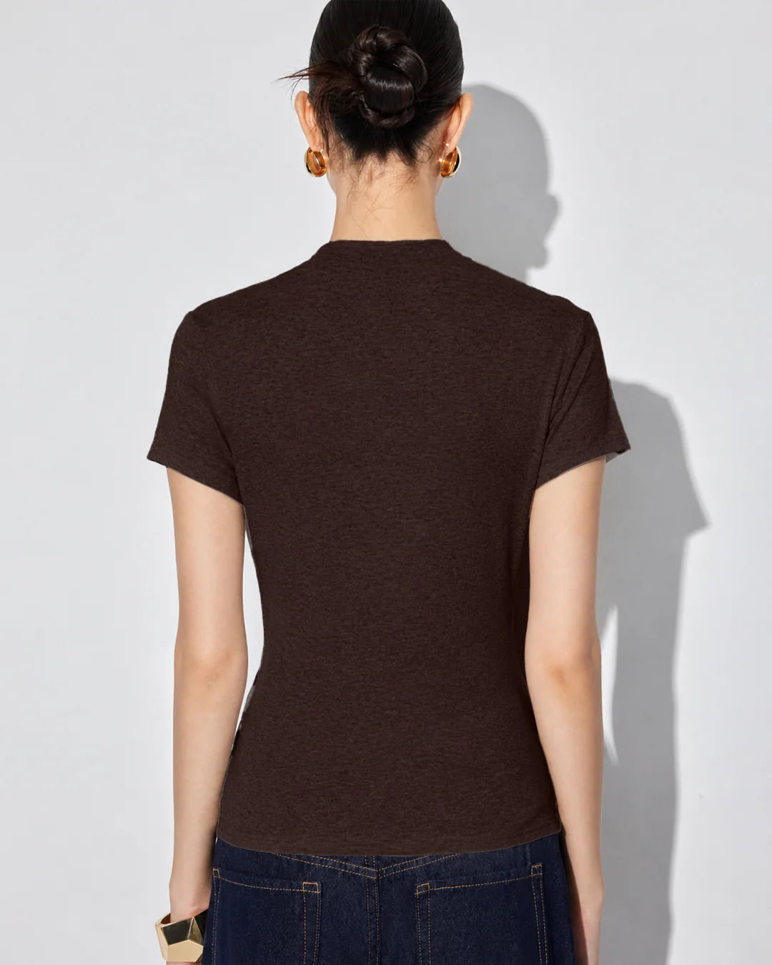Draped Mock Neck Fitted Top in Cocoa Brown