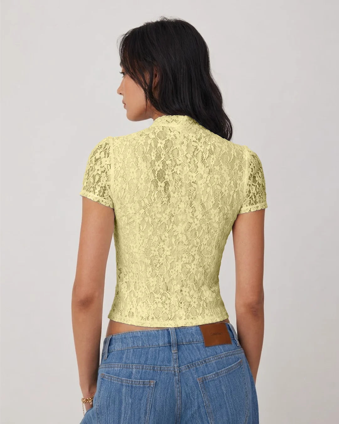 Mandarin Collar Lace Button Front Top in Vanilla