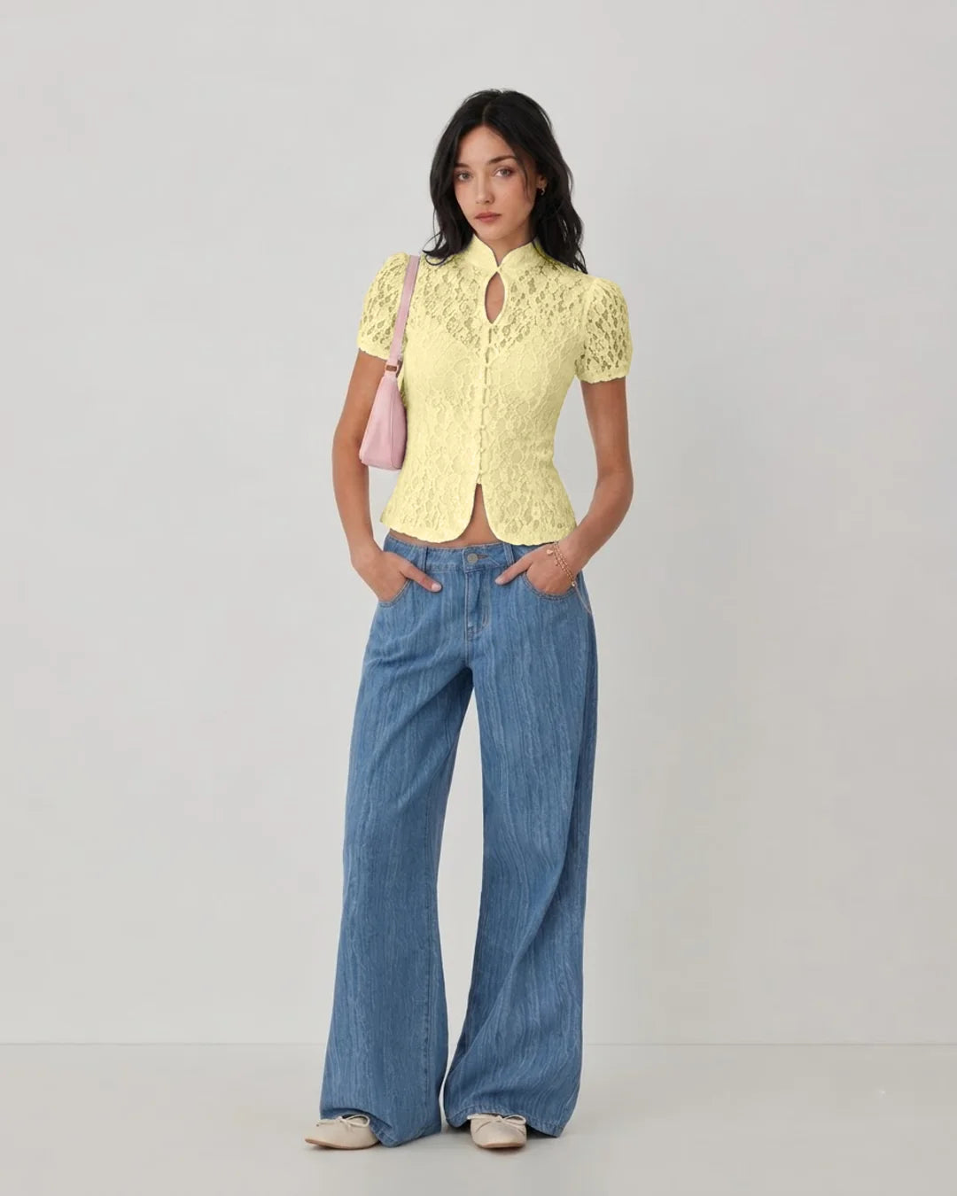 Mandarin Collar Lace Button Front Top in Vanilla