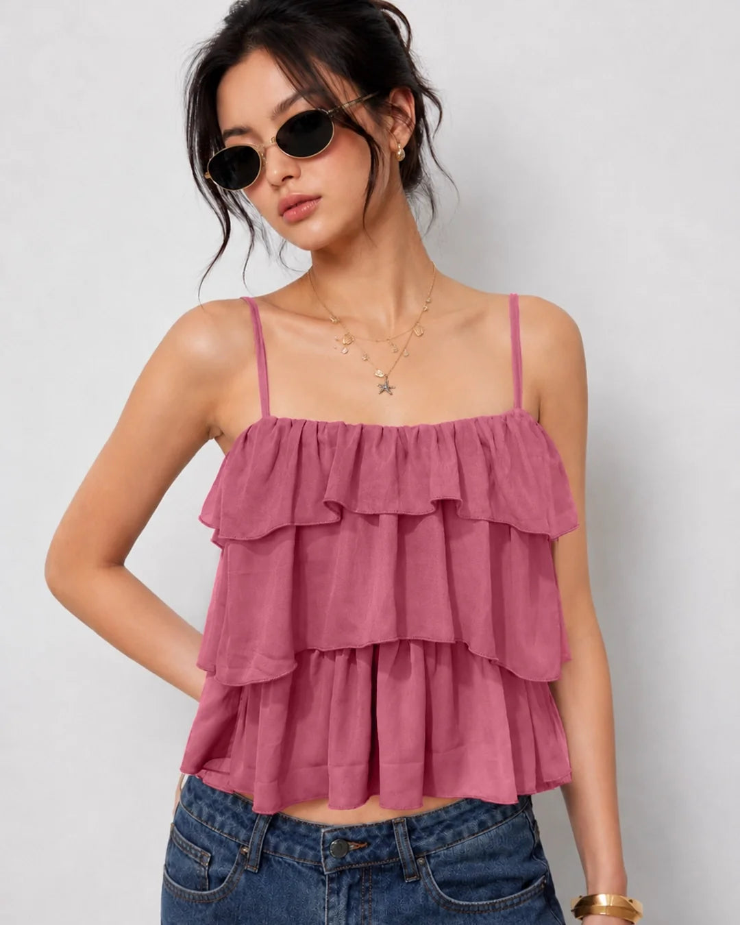 Pleated Layered Ruffle Suspender Top in Blush Pink