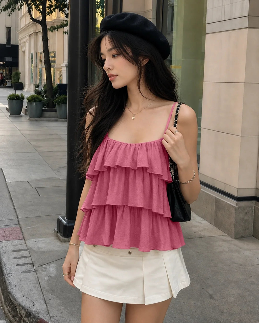 Pleated Layered Ruffle Suspender Top in Blush Pink