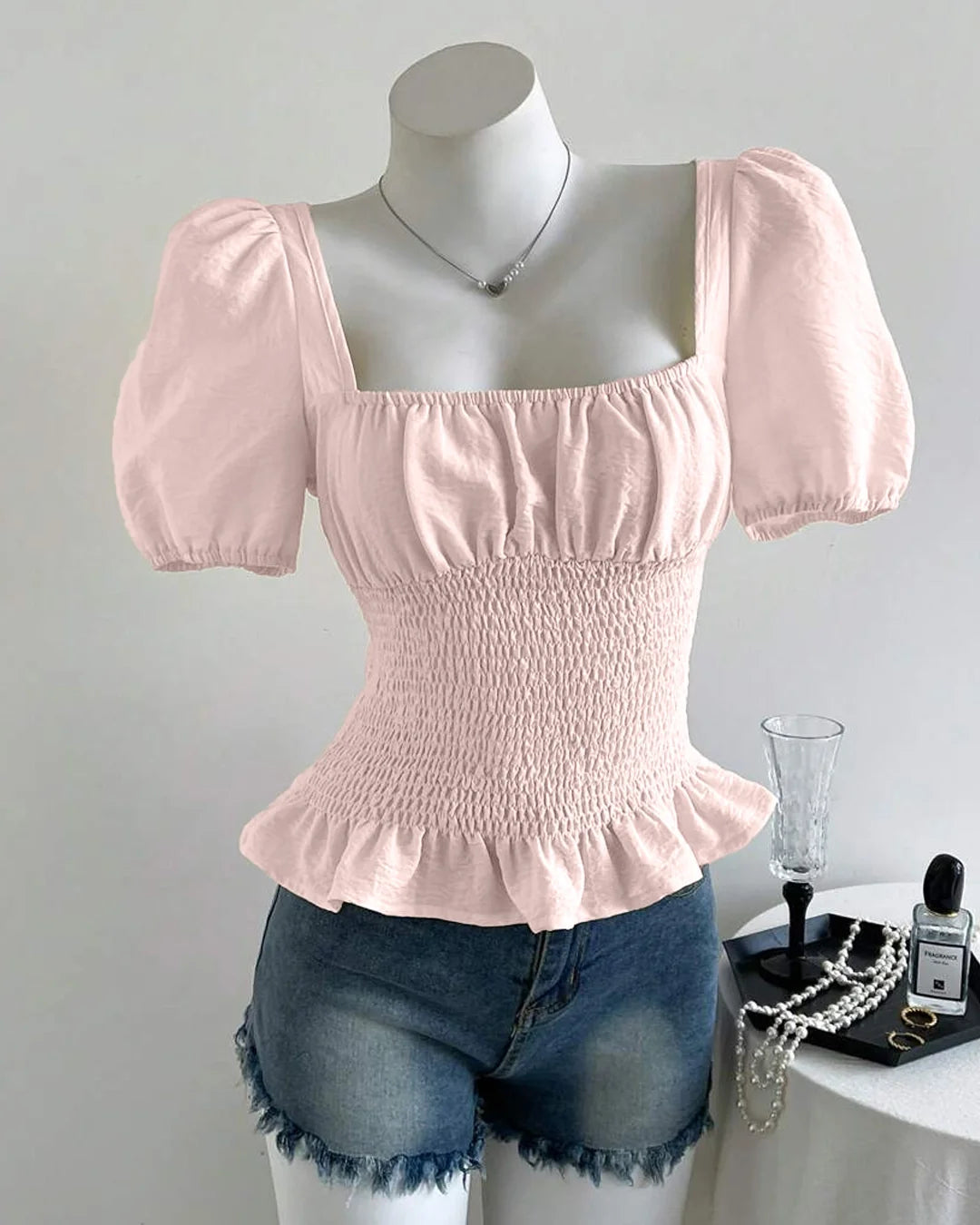 Smocked Peplum Puff Sleeve Top in Pink