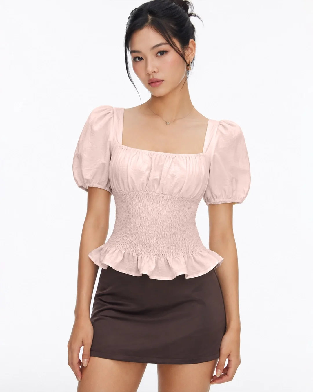 Smocked Peplum Puff Sleeve Top in Pink