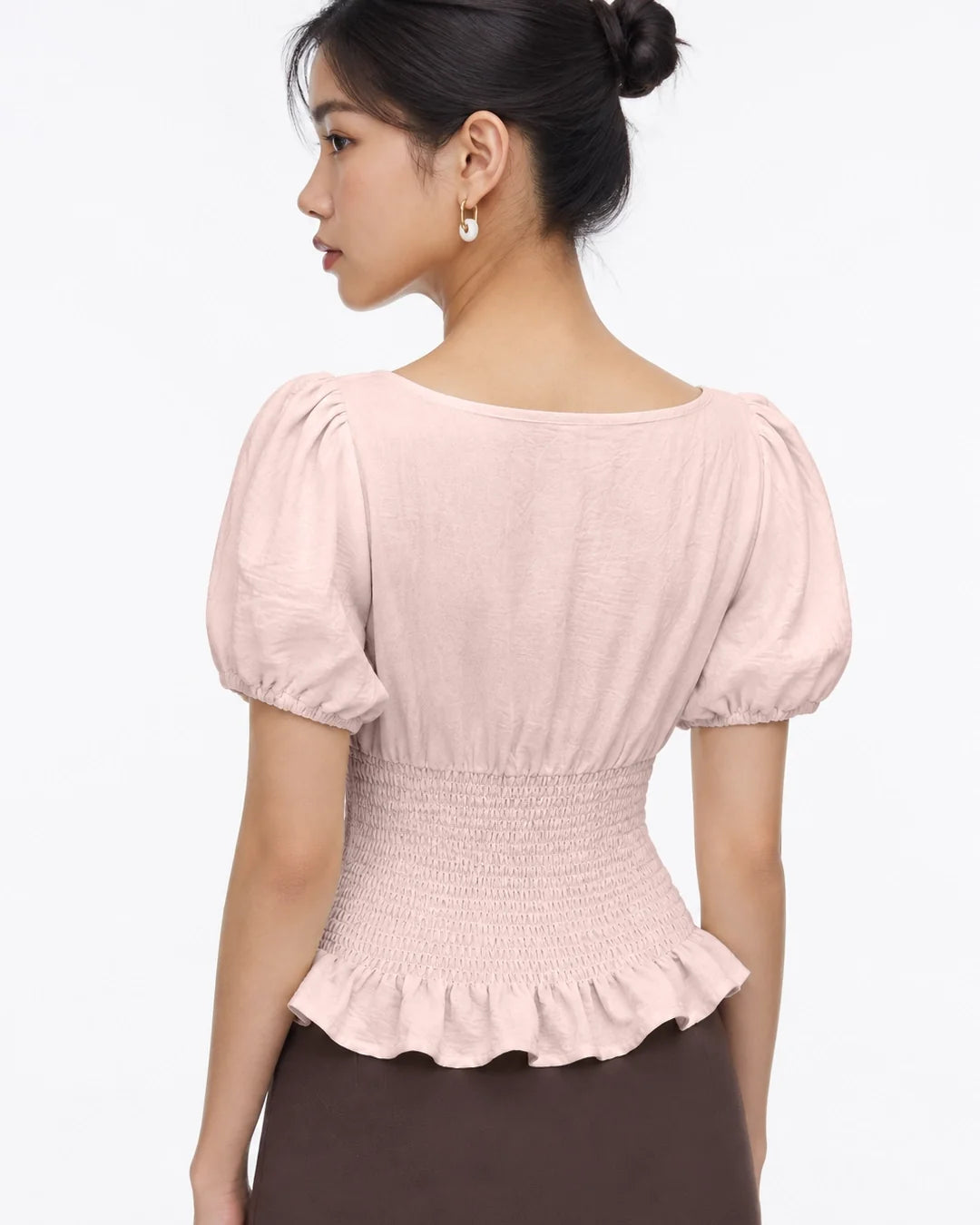 Smocked Peplum Puff Sleeve Top in Pink